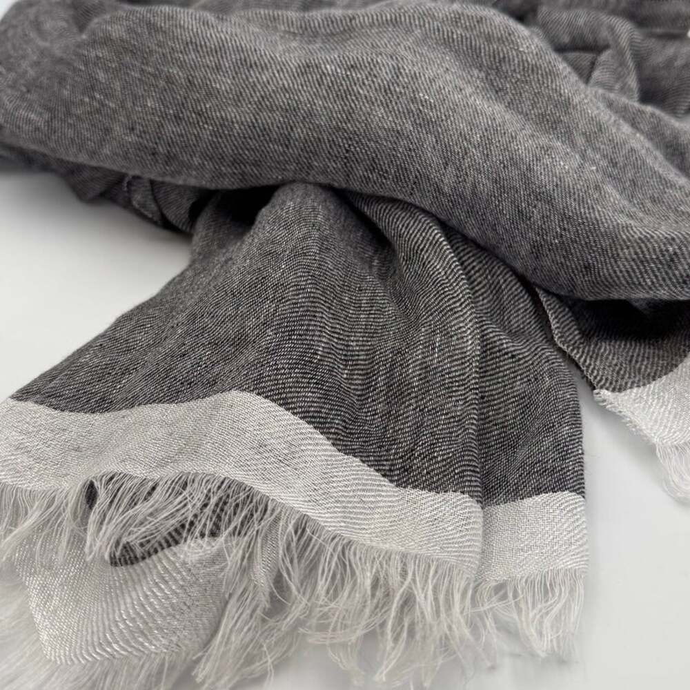 NEW! Italian Luxury Linen Scarf Wrap Black & White Fringe SASSO + SMYTH Unisex